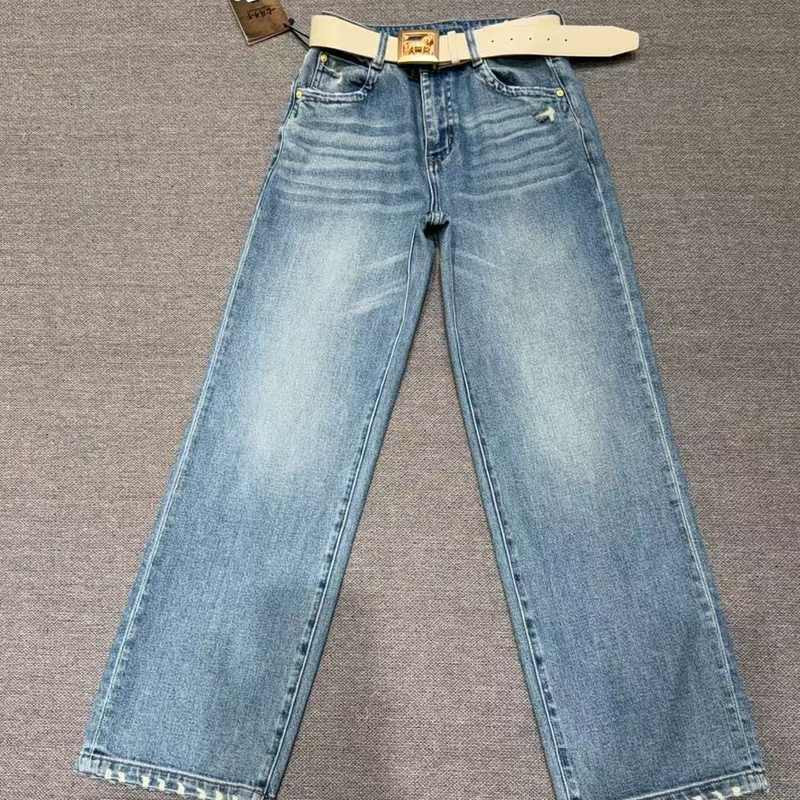 67302 Gu Yue Denim Blue High-Waisted Four-Way Stretch Straight-Leg Pants