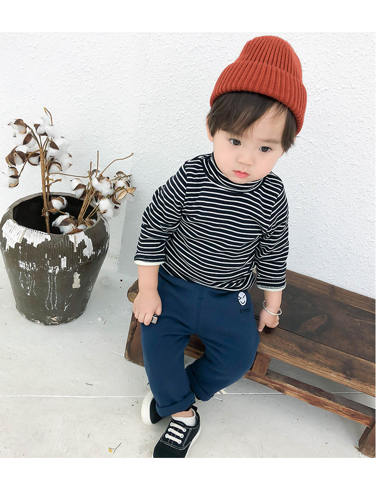 Áo thun trẻ em mùa đông mới cổ cao cộng với nhung nam trẻ em đáy quần bé áo sơ mi dài tay trẻ em sọc quần áo shop trẻ em