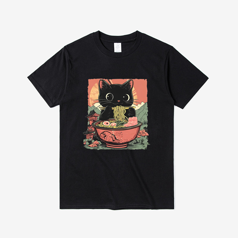 Meow Flavor Dongyi Ramen Painted Cute Black Cat Eating Ramen Printed T-Shirt for Men and Women, Pure Cotton Round Neck Short Sleeves