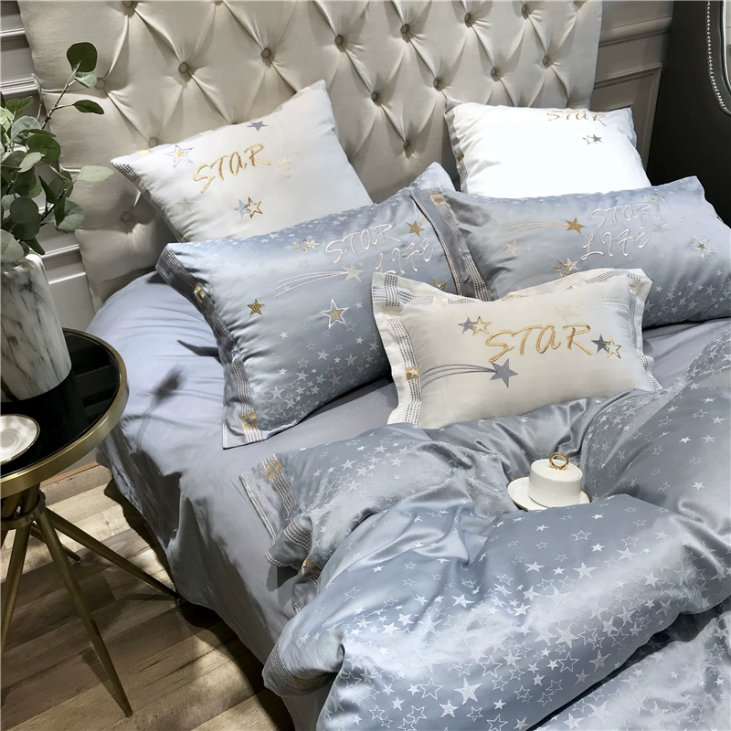 Đơn giản và tươi 60 miếng cotton satin dài bốn mảnh năm cánh sao thêu chăn bông Bộ đồ giường 1,8m - Bộ đồ giường bốn mảnh