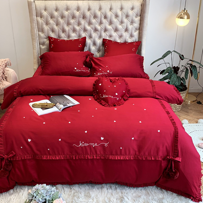 Han Style Red 60 Long Suede Cotton Wedding Celebration Four Pieces Group Brief Loving Embroidered Hair Ball Quilt Wedding Bed bedding