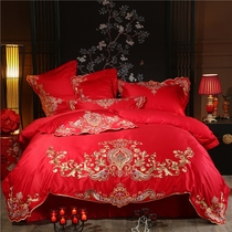 Large red 100 500T full cotton embroidered wedding with four pieces of palace Palace Wind Embroidered Pure Cotton Wedding Bed bedding