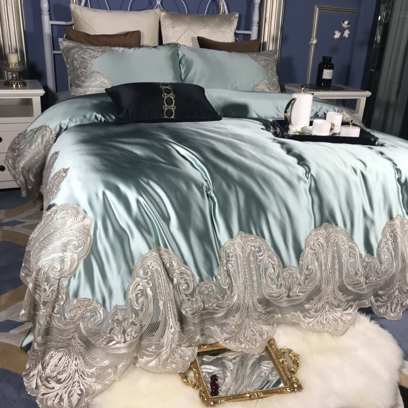 European-style solid color lace edge four-piece set silk quilt cover pure cotton bed sheet model room villa bedding