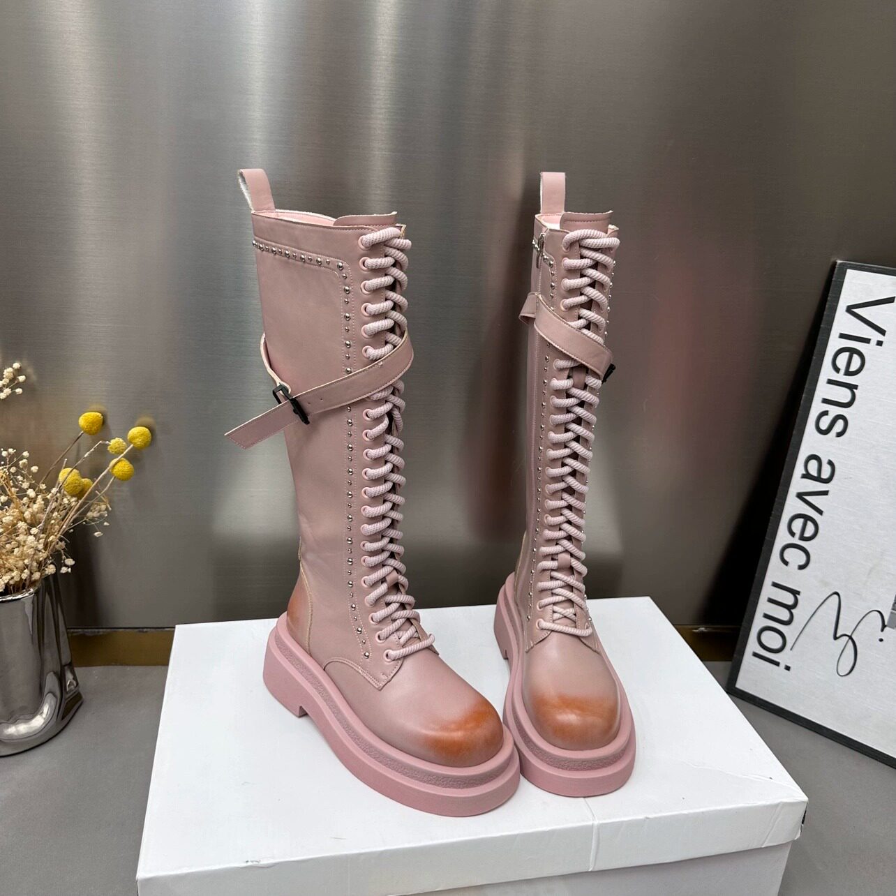 Hong Kong boomer pink though knee-high cylinder boot female reworked williding knight rider boots small crowdset boots-Taobao