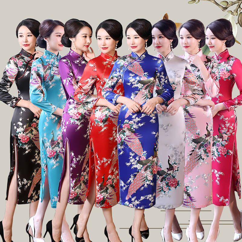 Qipao Mom 2021 Spring Improved Dress Long Sleeve Women's Peacock Long Style Plus Size Vintage Performance Catwalk Qipao