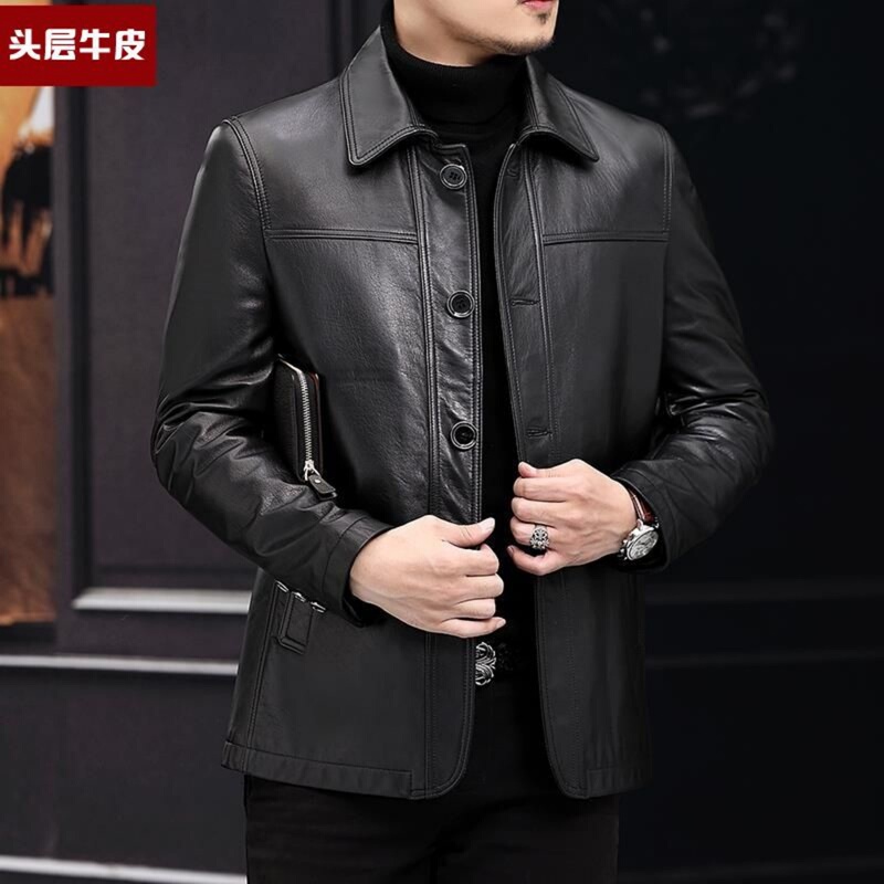 Haining 2026 New First-Layer Cowhide Leather Jacket Men's Lapel Leather Coat Genuine Leather High-End Leather Jacket