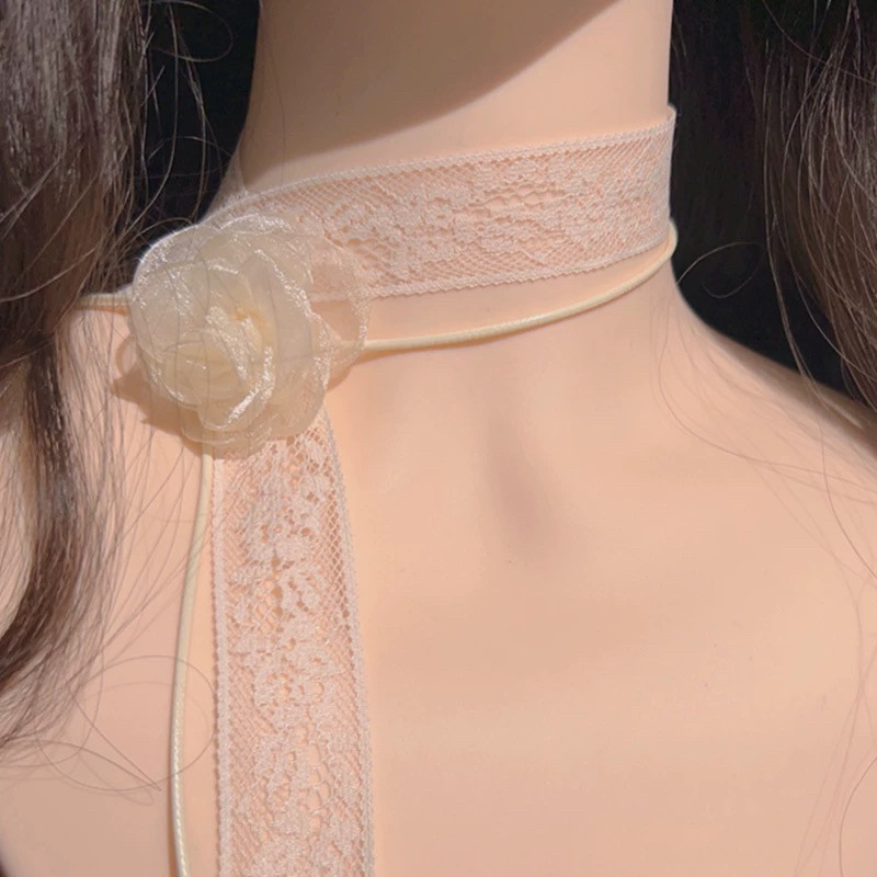 Super gentle and ethereal apricot-colored lace flower layered choker with long ribbon necklace, exuding a girlish charm.