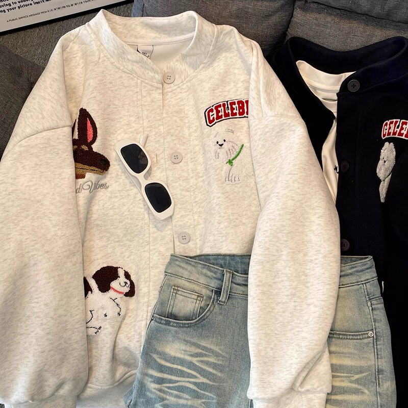 Kfcag Cute Cartoon Puppy Towel Embroidered Heavy-Duty Cardigan Sweatshirt for Women, Korean Style, Loose Casual Bf Jacket