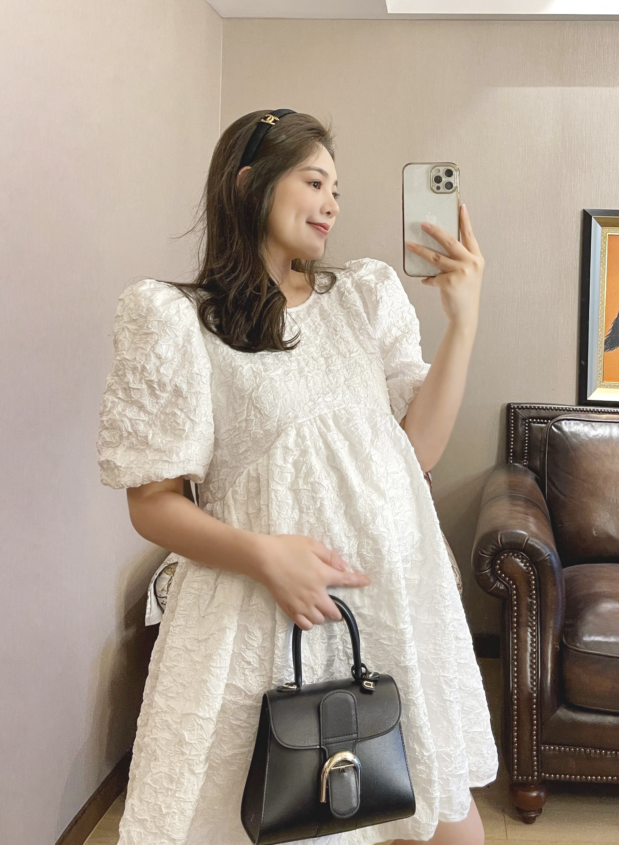 PEIPEI Home Pregnancy Woman Bottling Bubble Cuff White Dress Medium Long senior boomer dresses Summer loose Fashion-Taobao