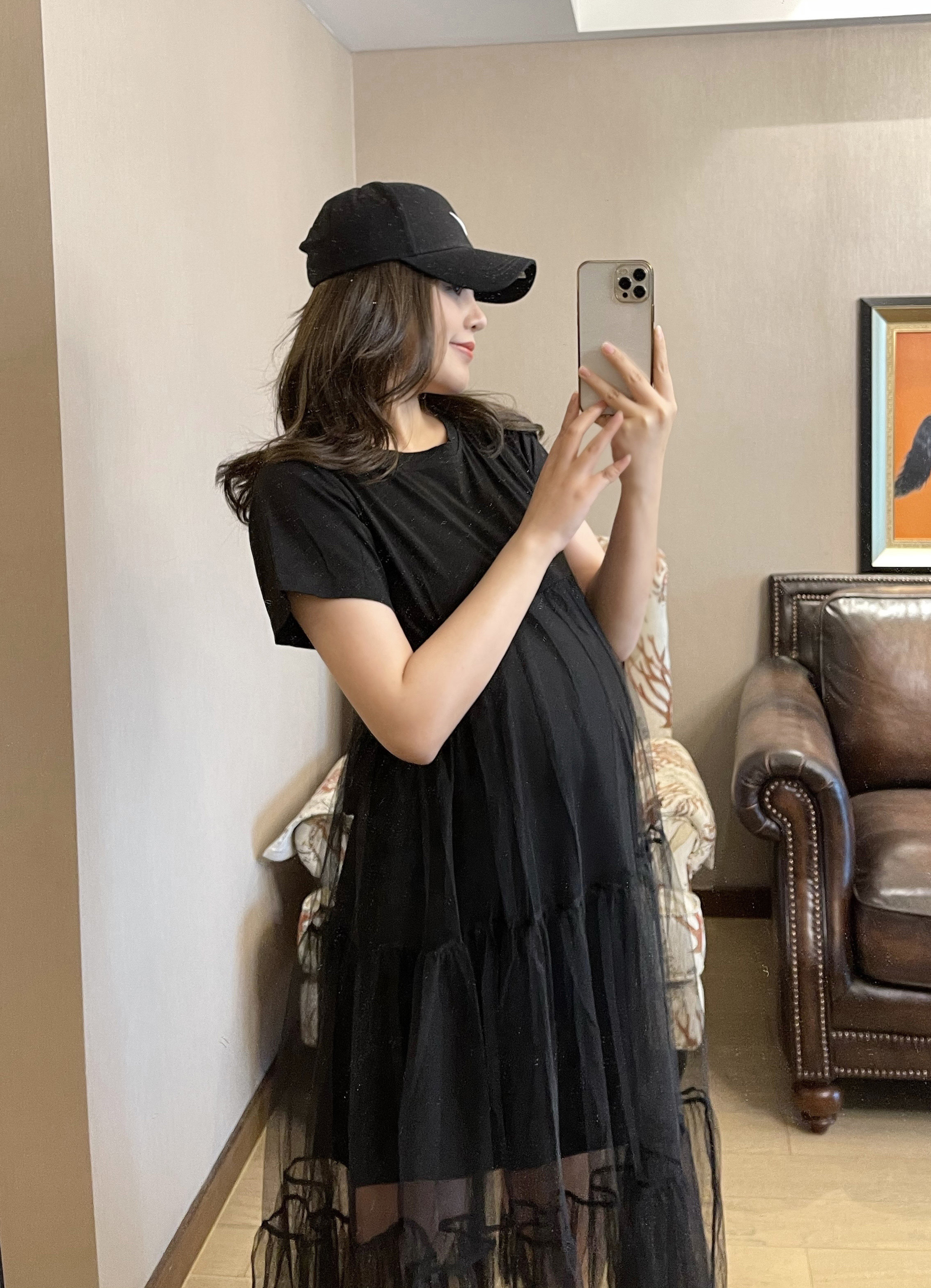 PEIPEI gestational dress black yarn fake two pregnancy foreign dress with long version of Chaoma net red loose without showing a T-shirt
