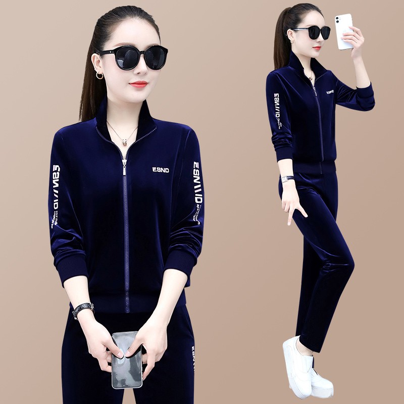 Golden Velvet Sports Suit Women Spring Autumn 2022 New Fashion Cardio-hoodie Middle-aged Casual Running Suit Clothing Two Sets