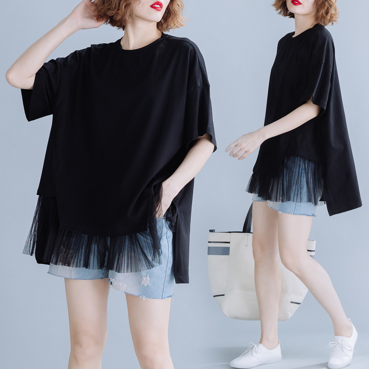 maternity clothing top loose cotton maternity t-shirt summer mid length bottoming shirt mesh skirt fashion fake two pieces trendy