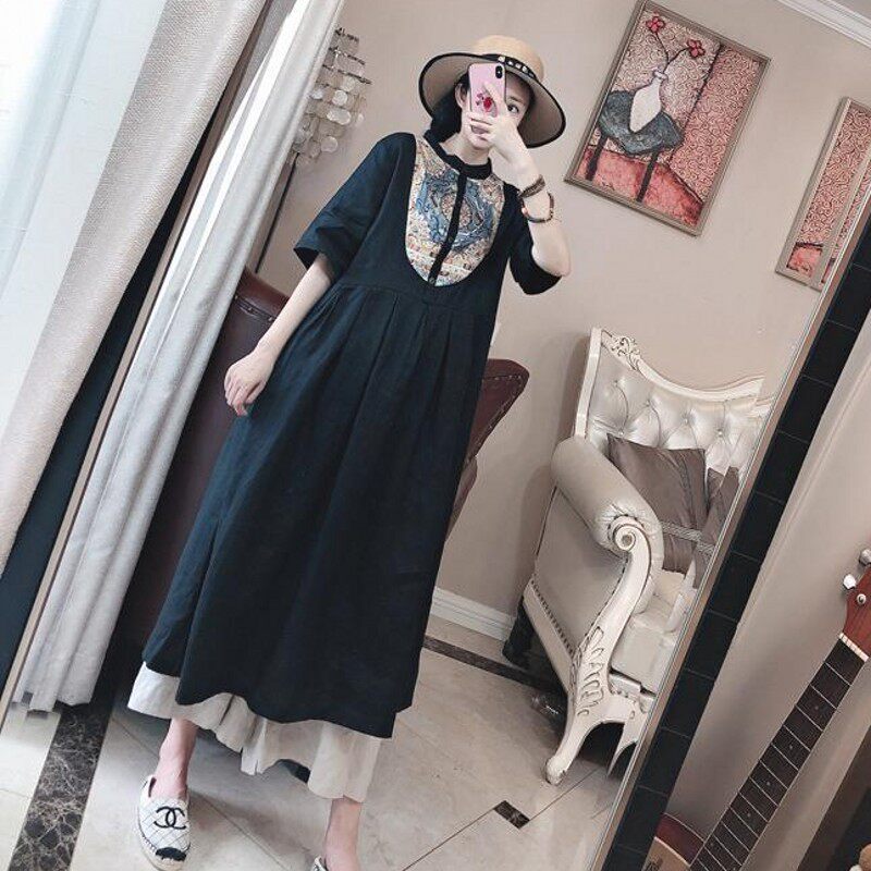 Maternity dress Summer loose large size maternity dress Fat sister print A-line skirt Hot mom vintage linen skirt