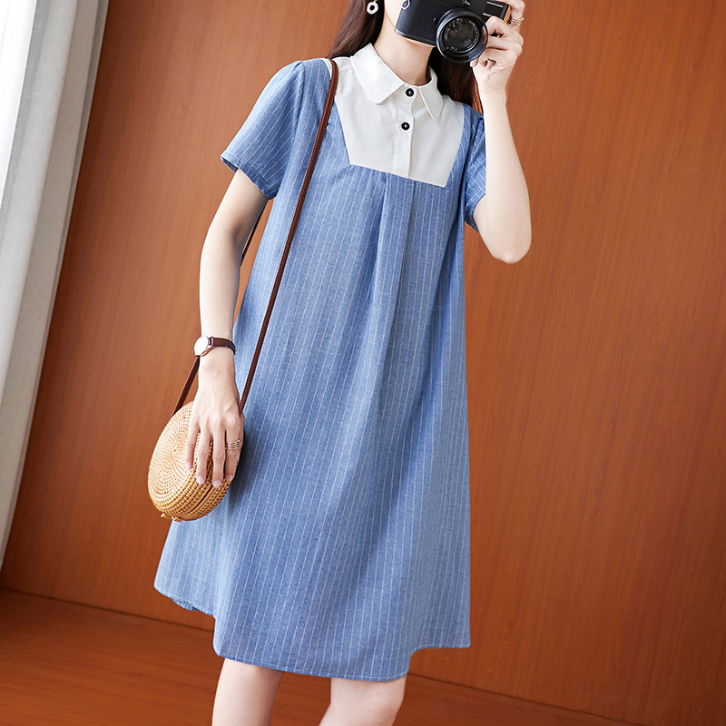 Maternity clothes summer large size striped cotton and hemp skirt Medium and long version of fat mm women's loose belly pregnant women's dress tide