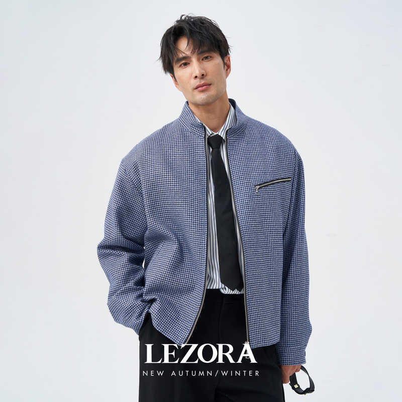 Lezora Is Imported from the Uk! Quiet Luxury Silk Linen Wool Blue Houndstooth Detroit Jacket for Men Autumn