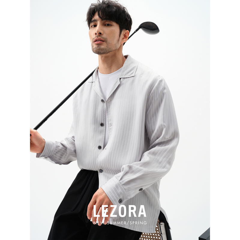 [Limited Time Special Offer] High-End Fabrics! Stylem Vertical Striped Satin Triacetate Lazy Pajama Collar Shirt for Men