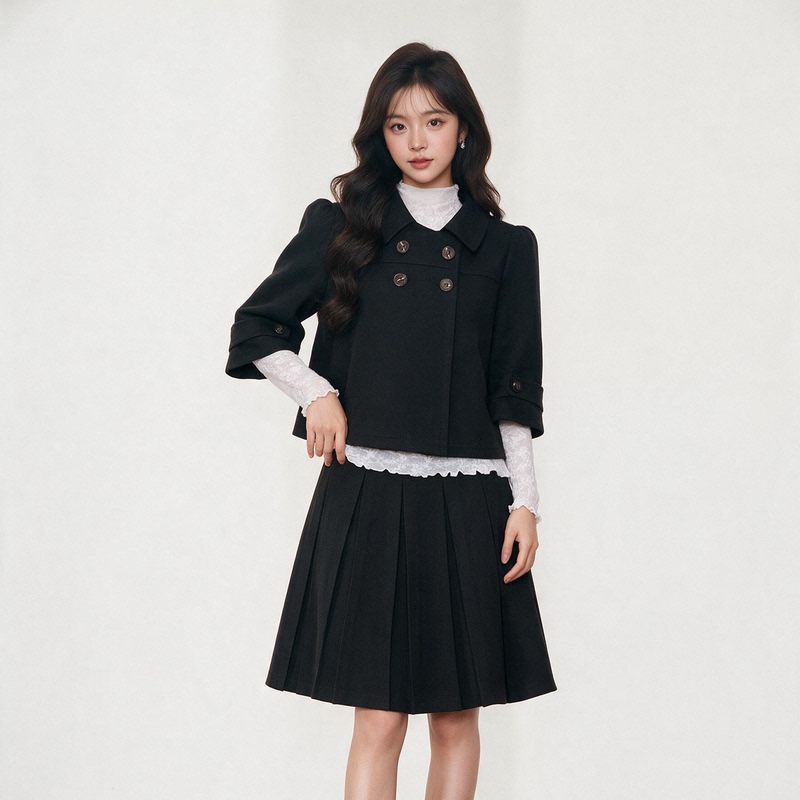 [9.7 New Products] Westayhone Autumn Outfit Double-Breasted Black Short Jacket Pleated Skirt Set for Women