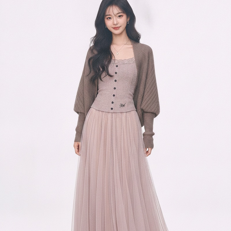 8.4 New Product Westayhone Batwing Sleeve Knitted Cardigan Jacket Suspender Mesh Long Skirt Suit Women's Three-Piece Set