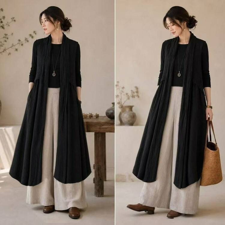 Autumn New Style Sleeveless Elegant Jacket for Women, Lazy Style Mid-Length Cardigan, Fashionable Patchwork, Figure-Flattering Vest