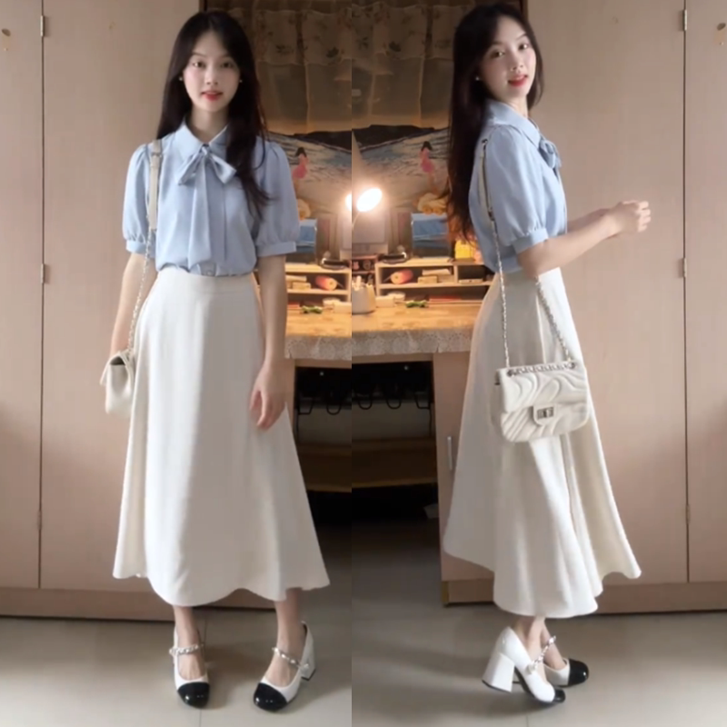 Blue and White Shirt Professional Two-Piece Suit for Women, Summer Teaching Job Interview Attire, Formal Dress, College Student Defense Dress Suit