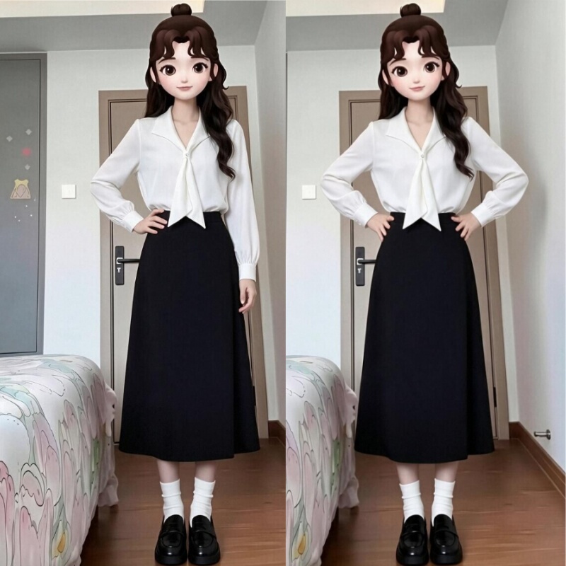 White Long-Sleeve Shirt with Ribbon for Women, Autumn Teacher Interview Top, College Student Professional Work Attire Set with Skirt