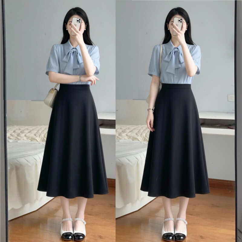 Blue Bow Tie Shirt Women's Short-Sleeved Professional Formal Wear College Teacher Qualification Defense Postgraduate Entrance Examination Interview Suit Skirt