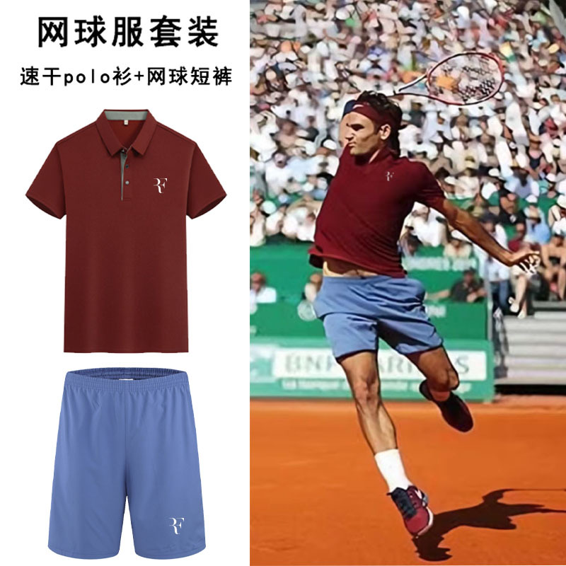 New Tennis Suit Set for Men, Federer Quick-Drying Breathable Sports Polo Shirt Top, Competition Training Tennis Shorts