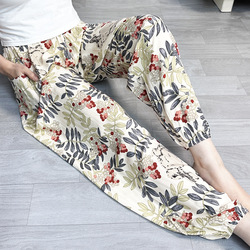 Summer New Cotton Silk Pajama Pants for Women, Thin, Large Size, Artificial Cotton Silk, Can Be Worn Outside, Home Floral Long Pants, Loose Fit Summer New Cotton Silk Pajama Pants for Women, Thin, Large Size, Artificial Cotton Silk, Can Be Worn Outside, Home Floral Long Pants, Loose Fit