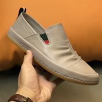 Summer Breathable European Mens Shoes White Genuine Leather Loafers Mens Slip-on Small White Shoes Over-the-Toe Beanie Shoes Soft Sole