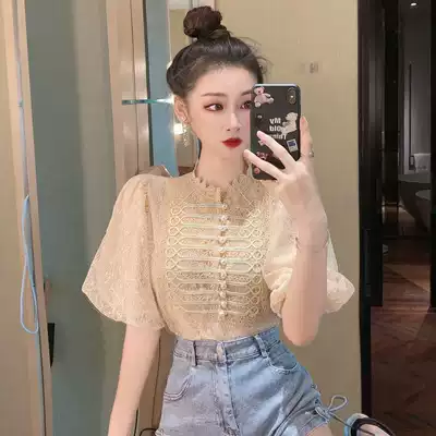 2021 summer new short-sleeved T-shirt temperament French court style bubble sleeve lace shirt chiffon top women