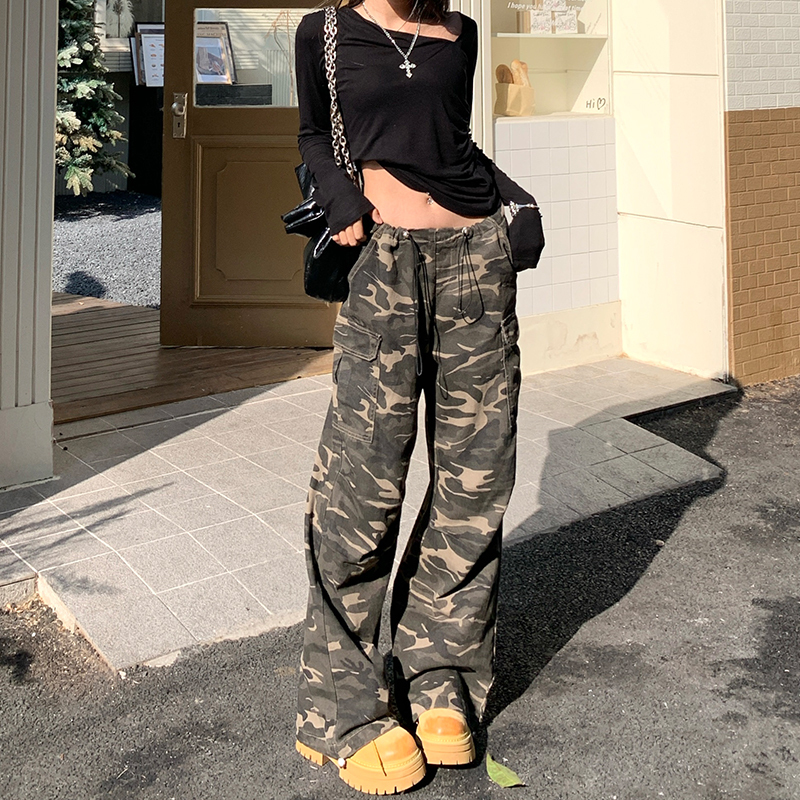 Women's Cargo Pants for Spring and Summer, American Style, Low-Waisted, Trendy, Multi-Pocket, Vintage Drawstring, Camouflage, Straight-Leg, Wide-Leg Jeans