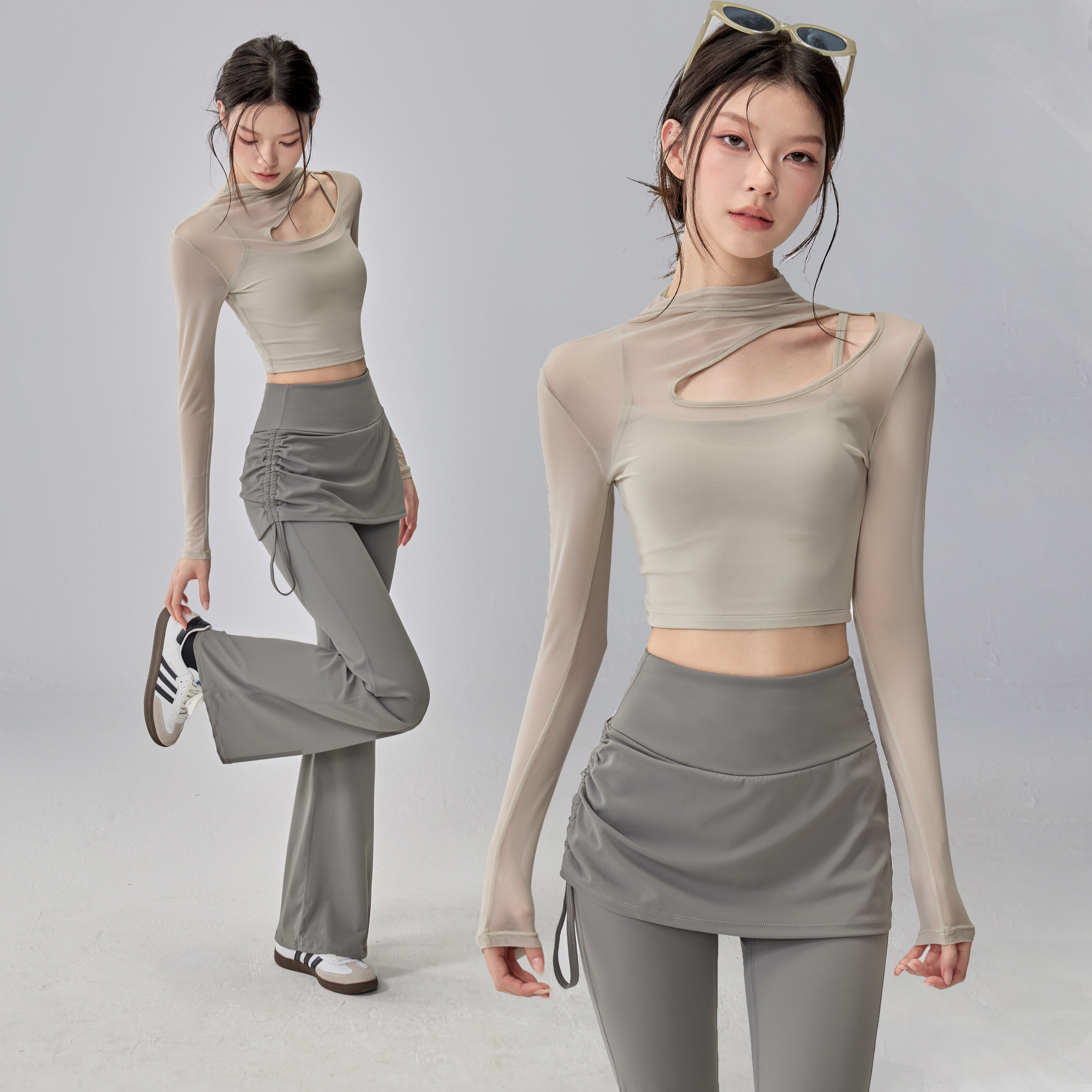 假两件带胸垫瑜伽服套装T恤女普拉提运动上衣纯欲显瘦健身长袖春