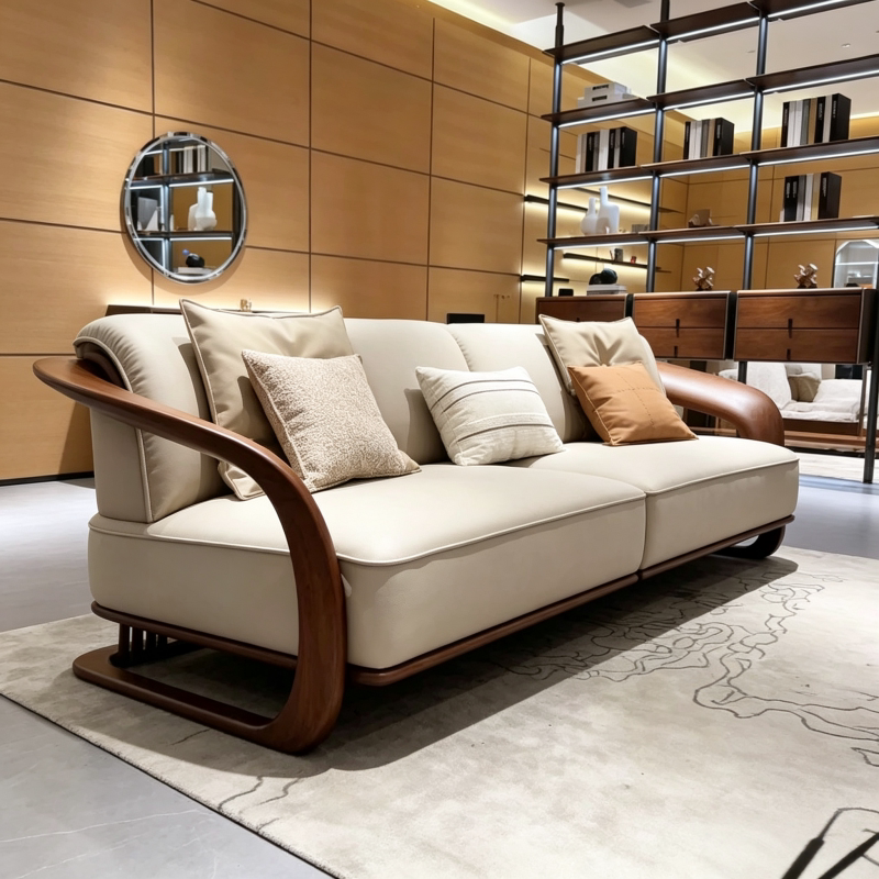 New Chinese-Style North American Black Walnut Ribbon Sofa with Curved Armrests, Fabric Large Flat-Level Living Room Straight-Row Solid Wood Sofa