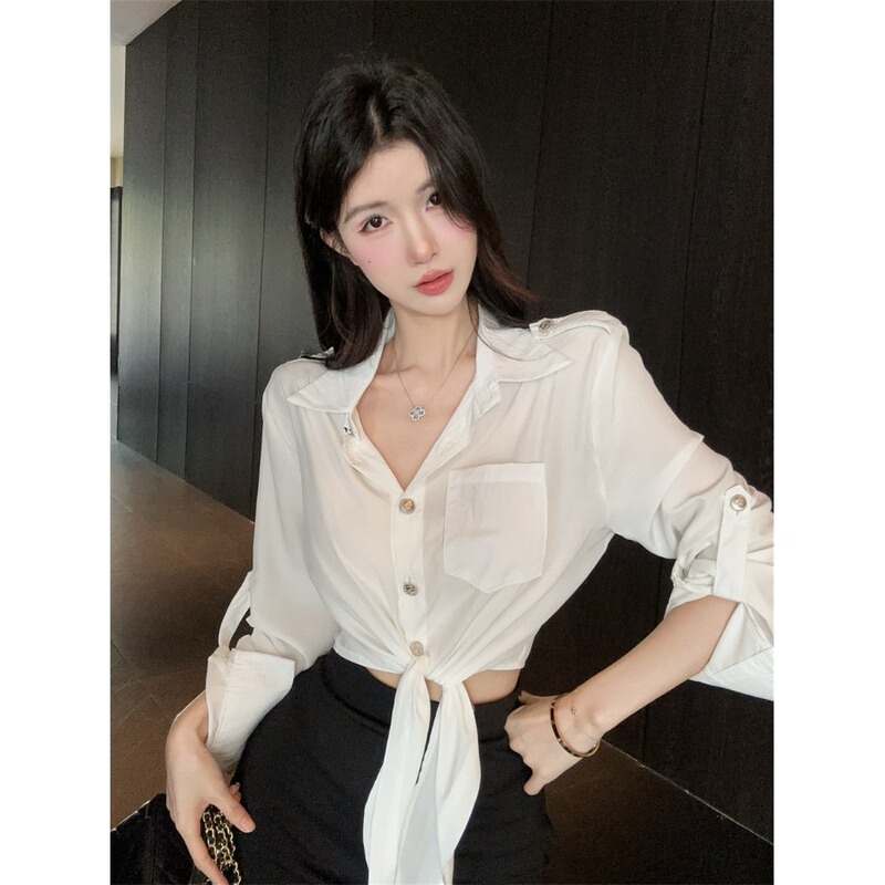 Irregular Long-Sleeved Shirt for Women with a Unique Design, Niche Autumn Style, Pure and Sexy Tie-Up Top, Very Attractive Sun-Protective Shirt