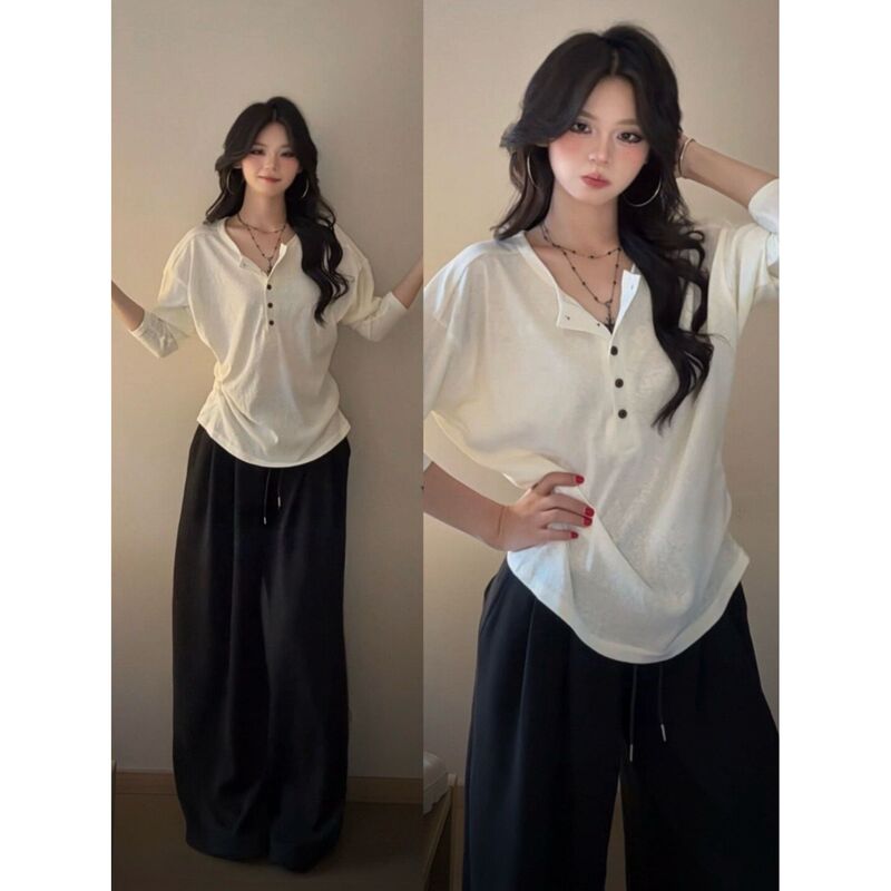 Henley Collar White Long-Sleeve T-Shirt for Women, Early Autumn New Style, Loose Casual Base Shirt Top