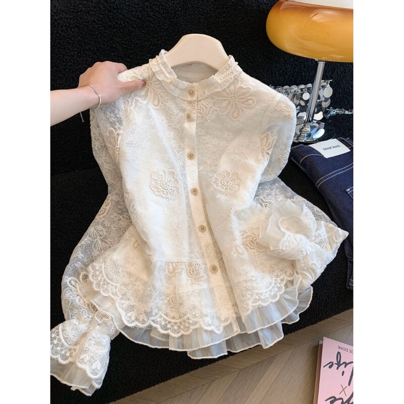 French Court-Style Lace Embroidered Shirt for Women, Spring Season, High-End, Elegant, Ruffled Design, Very Beautiful Top