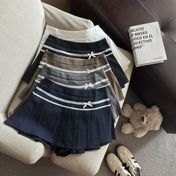 Retro Sweet and Cool Preppy Style Low-Waisted Pleated Skirt with Bow Lace Splicing for Women, Summer Slimming and Anti-Exposure Skirt