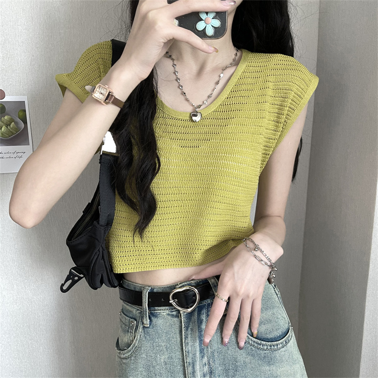 U-Neck Hollow-Out Short Loose Crop Top Sleeveless T-Shirt Women's Summer Petite High-Waisted Hot Girl Knit Cover-Up Top