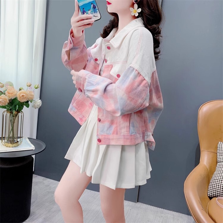 Tie-Dye Fashion Short Denim Jacket for Women, Spring and Autumn 2024 New Style, Petite, Stylish, Age-Reducing, Loose Casual Jacket