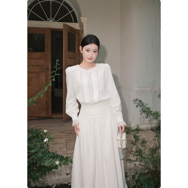 Korean-Style Gentle Lace Patchwork Shirt Dress with a Round Face [White Lily] Texture, Suitable for Spring and Autumn, with a Textured Lace Long Skirt