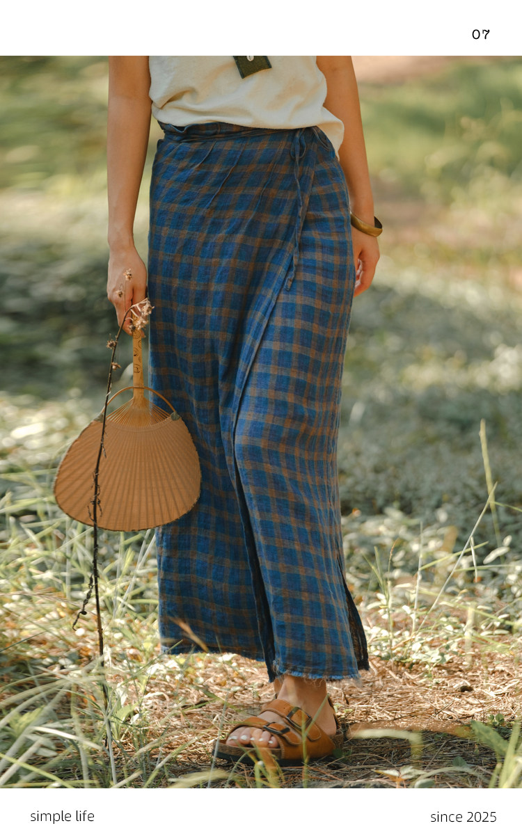 ダークブルーブラウン ヴィンテージ風チェック柄ロングスカート リネン