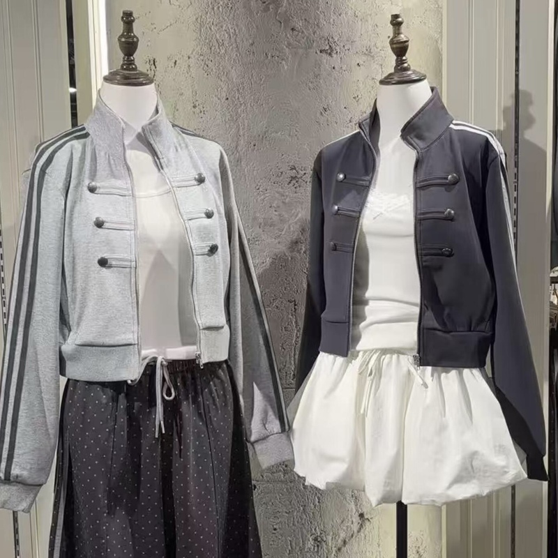 Wm.Mengment American Retro Stand-Up Collar Zipper Button Short Jacket for Women, Versatile Slim Fit European and American Style Jacket