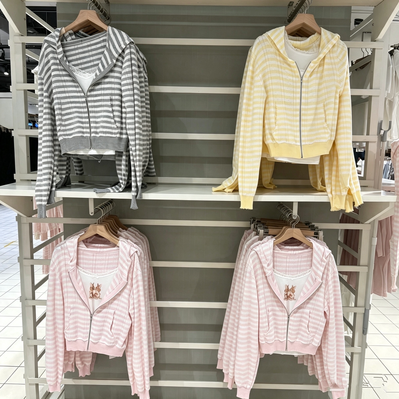 Wm.Mengment Striped Hooded Zip-Up Knit Cardigan Short Fashion Casual Sweatshirt Jacket for Early Autumn Wear