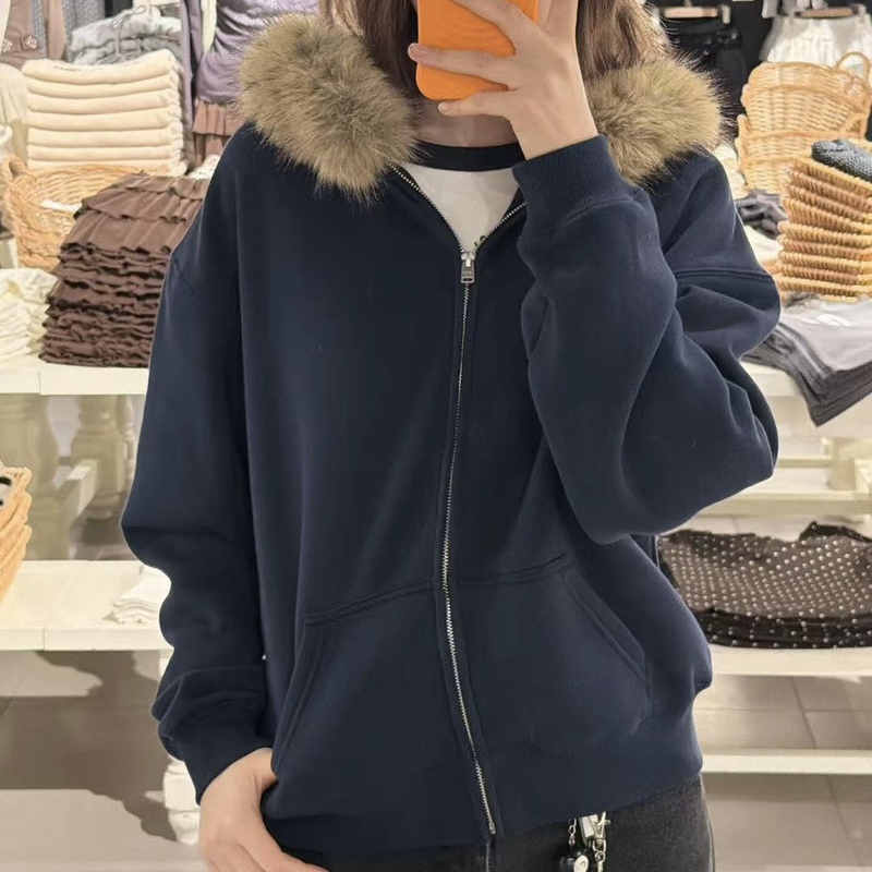 Wm.Mengment Fur Collar Hooded Sweatshirt Autumn and Winter Women's Loose Zipper Cardigan Casual Versatile Top Jacket Wm.Mengment Fur Collar Hooded Sweatshirt Autumn and Winter Women's Loose Zipper Cardigan Casual Versatile Top Jacket
