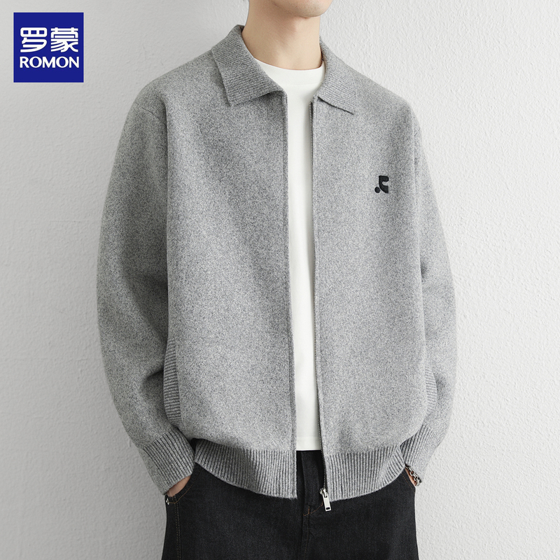 Romon Lapel Knitted Cardigan Jacket for Men, New Spring and Autumn Sweater, Loose Casual Zipper Sweater, High-End Jacket