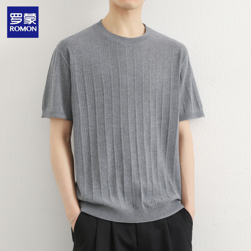 Romon Crew Neck Ribbed Knit Short-Sleeve T-Shirt for Men, New Summer Style, American-Style Loose Fit, Versatile and Simple Sweater Romon Crew Neck Ribbed Knit Short-Sleeve T-Shirt for Men, New Summer Style, American-Style Loose Fit, Versatile and Simple Sweater