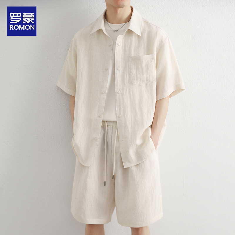 Romon Simple Linen Shirt Set for Men, Summer Lyocell Cool and Stylish Loose Two-Piece Set with Short Sleeves and Shorts