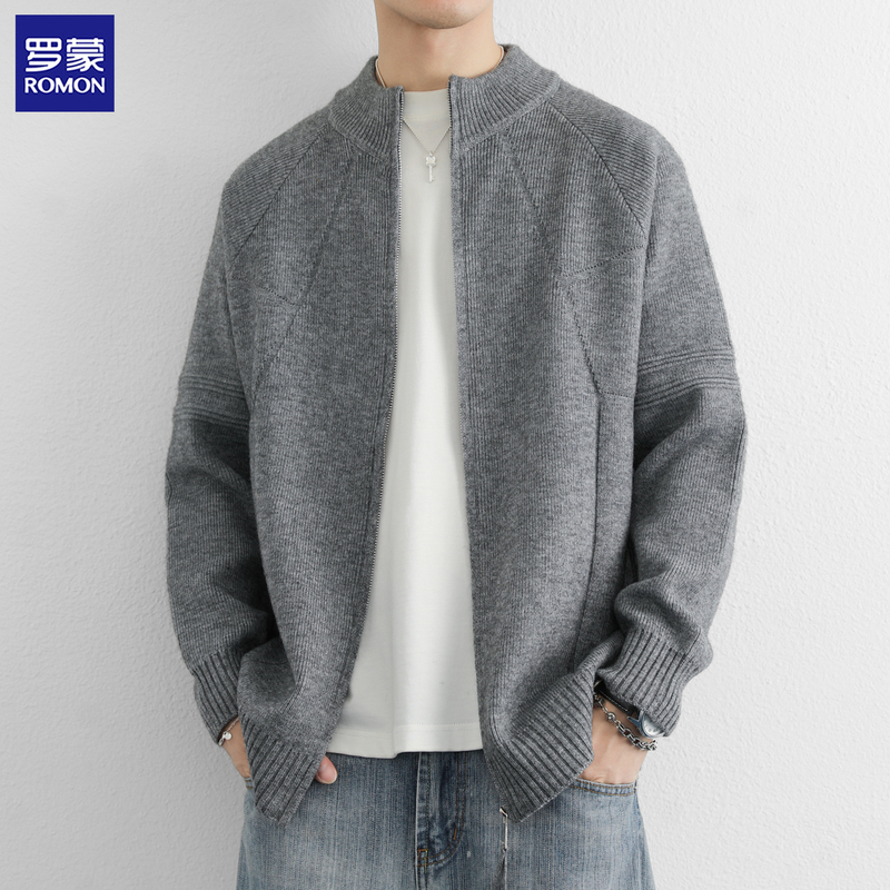 Romon Stand-Up Collar Knitted Cardigan Jacket for Men, Spring and Autumn Trendy Brand Loose Casual Jacket, High-End Autumn Sweater