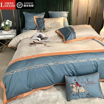 LXRXDD net red cotton and linen four-piece embroidered quilt cover Cotton bed sheet mens light luxury Nordic bedding sheets