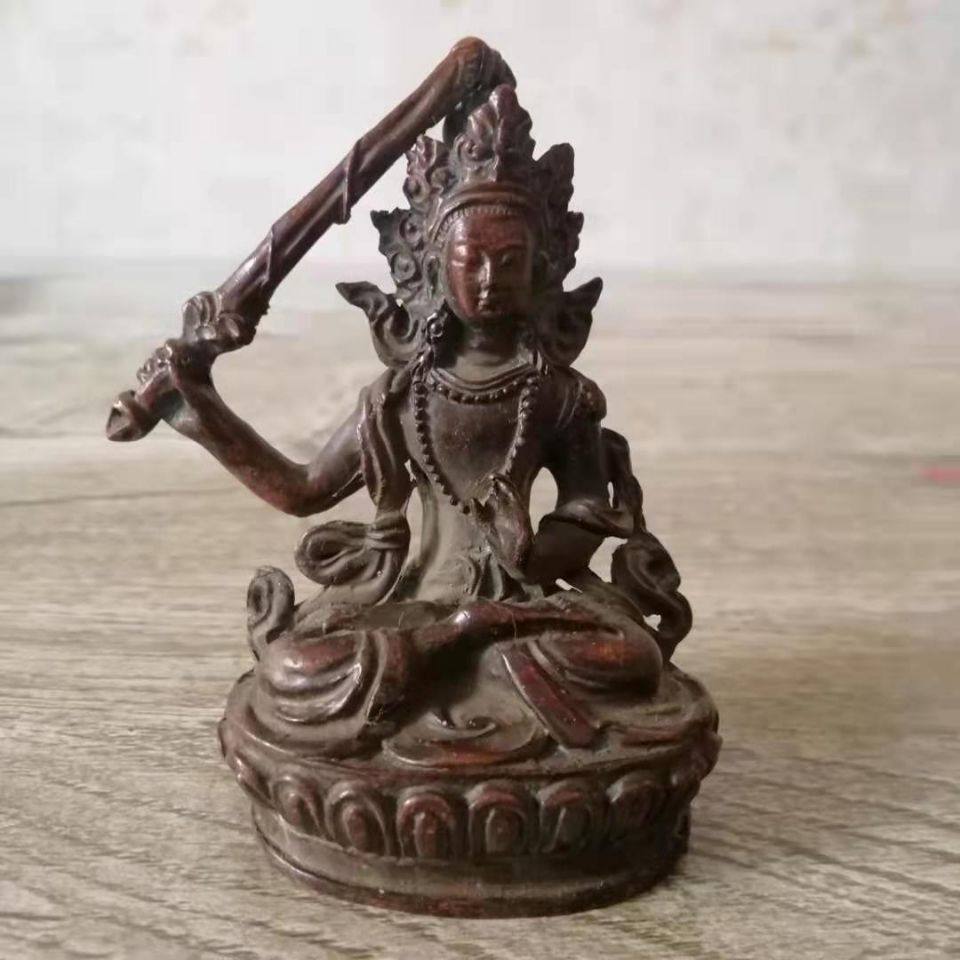 低価，本物保証 旧家蔵出 古玩 銅器文殊菩薩 坐仏像置物 銅仏像 復古